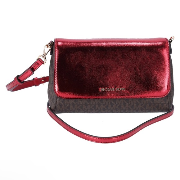 Michael Kors Jet Set Medium Convertible Pouchette Crossbody Brown Red Metallic - Picture 6 of 13